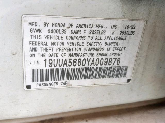 19UUA5660YA009876 - 2000 ACURA 3.2TL WHITE photo 10