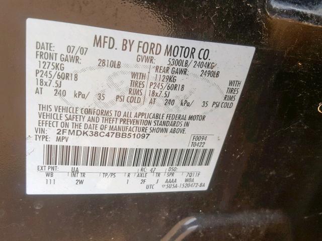 2FMDK38C47BB51097 - 2007 FORD EDGE SEL BLACK photo 10