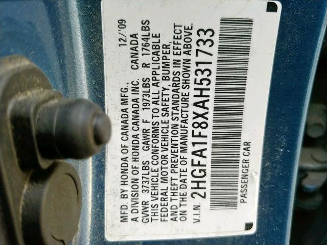 2HGFA1F8XAH531733 - 2010 HONDA CIVIC EX BLUE photo 10