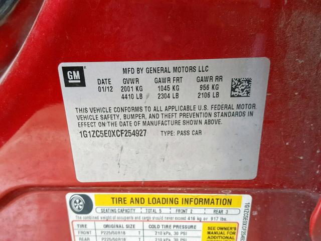 1G1ZC5E0XCF254927 - 2012 CHEVROLET MALIBU 1LT 红色 照片 10