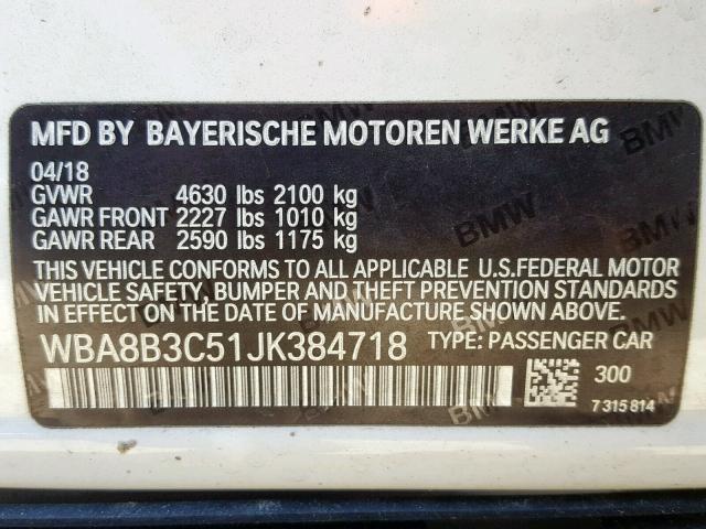 WBA8B3C51JK384718 - 2018 BMW 340 I WHITE photo 10