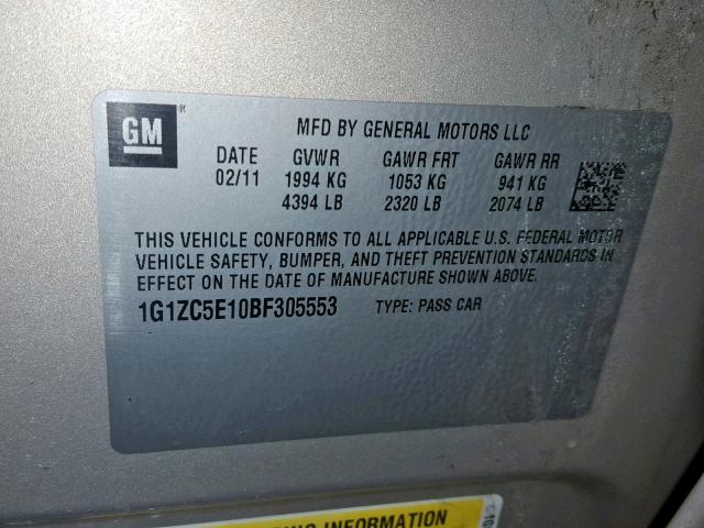 1G1ZC5E10BF305553 - 2011 CHEVROLET MALIBU 1LT 银色 照片 10