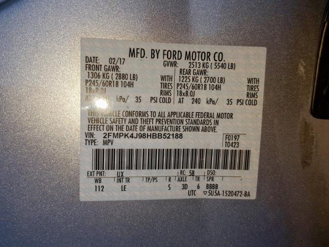 2FMPK4J98HBB52188 - 2017 FORD EDGE SEL SILVER photo 10