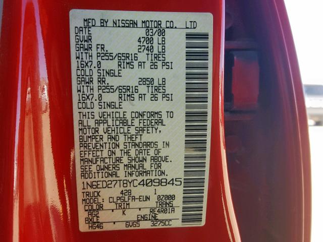 1N6ED27T8YC409845 - 2000 NISSAN FRONTIER C RED photo 10