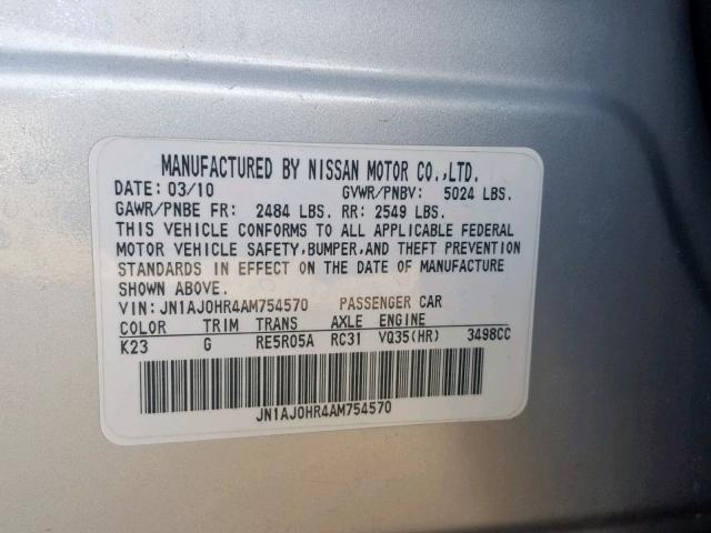 JN1AJ0HR4AM754570 - 2010 INFINITI EX35 BASE SILVER photo 10