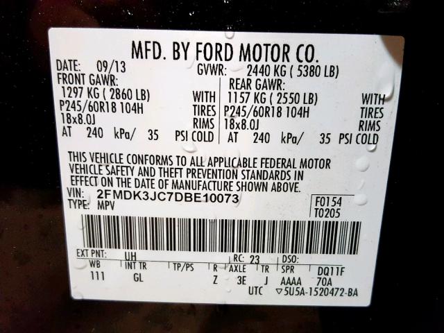 2FMDK3JC7DBE10073 - 2013 FORD EDGE SEL BLACK photo 10