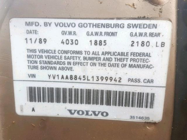 YV1AA8845L1399942 - 1990 VOLVO 240 BASE GOLD photo 10