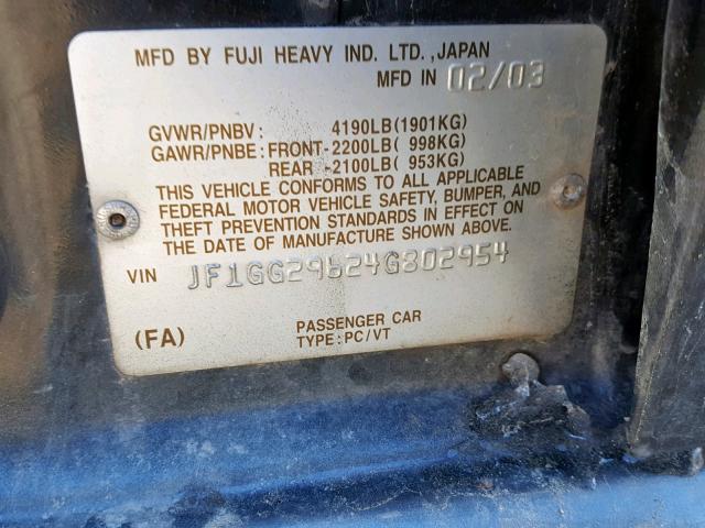 JF1GG29624G802954 - 2004 SUBARU IMPREZA WR GRAY photo 10