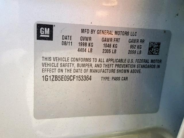 1G1ZB5E09CF153364 - 2012 CHEVROLET MALIBU LS SILVER photo 10