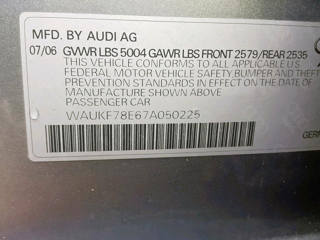 WAUKF78E67A050225 - 2007 AUDI A4 2.0T AV SILVER photo 10