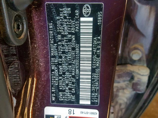 4T1BK1EB0EU116832 - 2014 TOYOTA AVALON BAS BURGUNDY photo 10