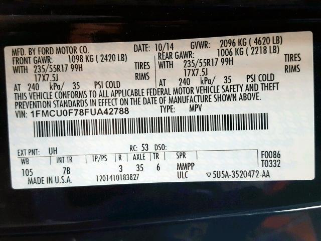 1FMCU0F78FUA42788 - 2015 FORD ESCAPE S BLACK photo 10