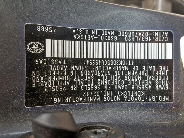 4T1BK3DB5CU453541 - 2012 TOYOTA AVALON BAS CHARCOAL photo 10