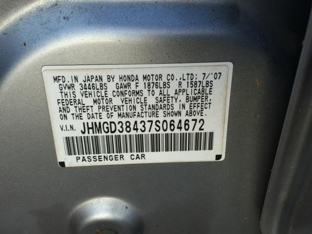 JHMGD38437S064672 - 2007 HONDA FIT SILVER photo 10