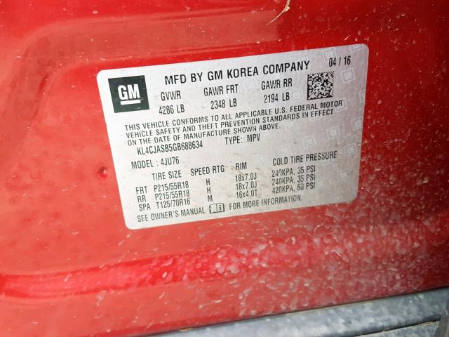 KL4CJASB5GB688634 - 2016 BUICK ENCORE MAROON photo 10