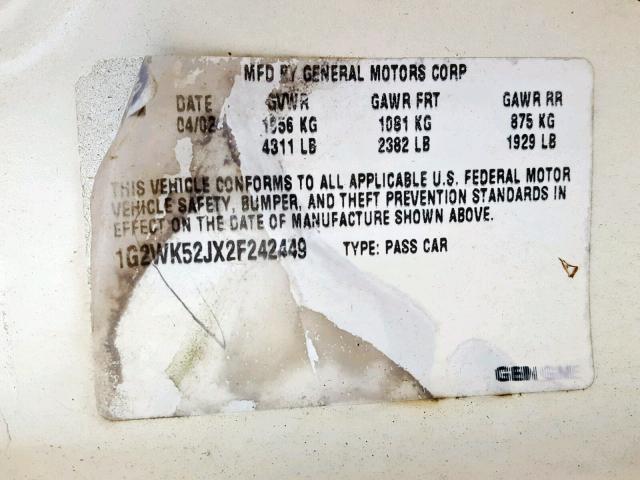 1G2WK52JX2F242449 - 2002 PONTIAC GRAND PRIX 白色 照片 10