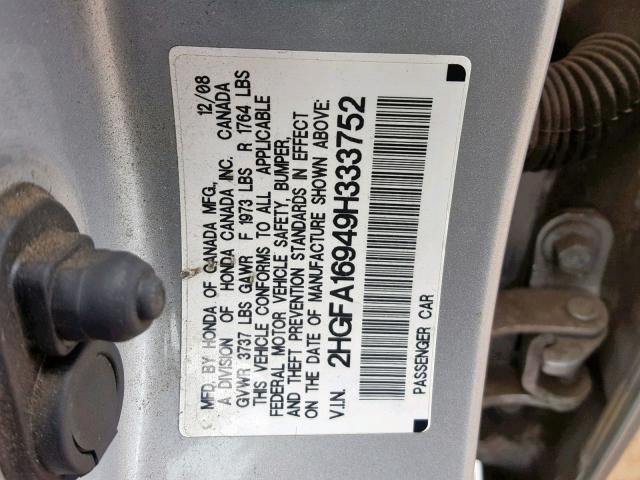 2HGFA16949H333752 - 2009 HONDA CIVIC EXL SILVER photo 10