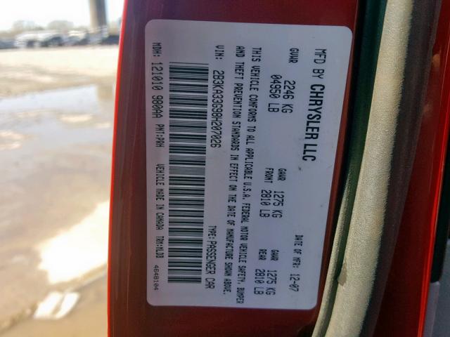 2B3KA33G98H207026 - 2008 DODGE CHARGER SX RED photo 10