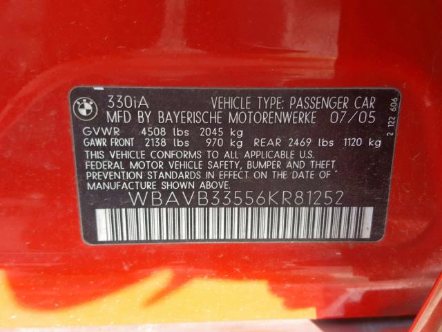 WBAVB33556KR81252 - 2006 BMW 330 I RED photo 10