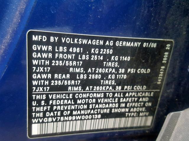 WVGBV75N99W000138 - 2009 VOLKSWAGEN TIGUAN SE BLUE photo 10