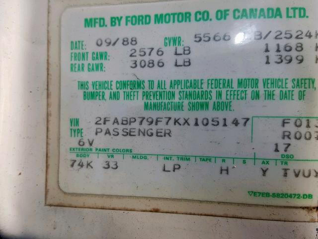 2FABP79F7KX105147 - 1989 FORD CROWN VICT CREAM photo 10