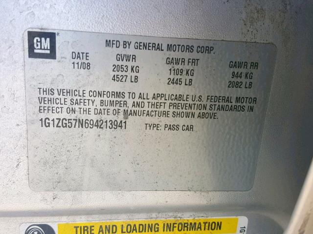 1G1ZG57N694213941 - 2009 CHEVROLET MALIBU LS SILVER photo 10