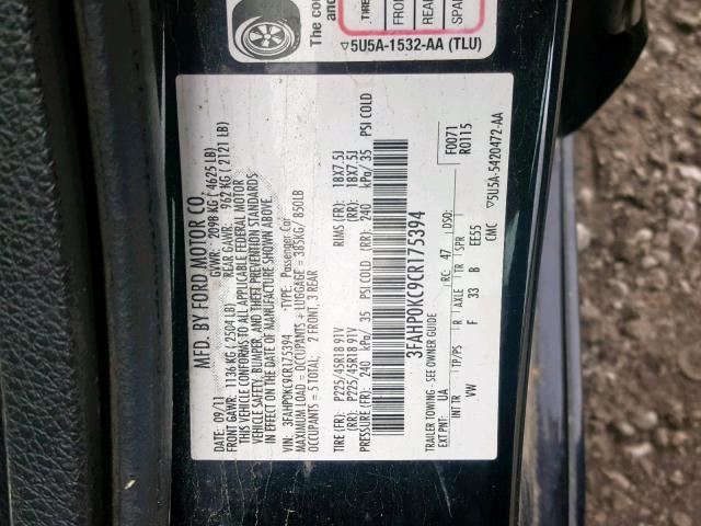 3FAHP0KC9CR175394 - 2012 FORD FUSION SPO BLACK photo 10