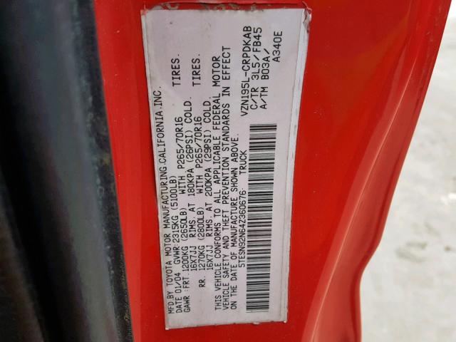 5TESN92N64Z360676 - 2004 TOYOTA TACOMA XTR წითელი ფოტო 10