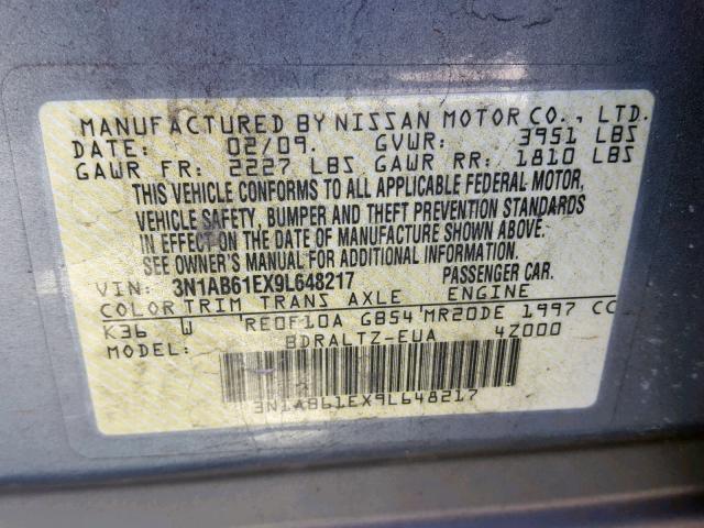 3N1AB61EX9L648217 - 2009 NISSAN SENTRA 2.0 GRAY photo 10