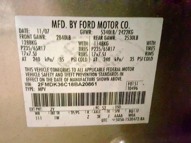 2FMDK36C18BA20861 - 2008 FORD EDGE SE CHARCOAL photo 10