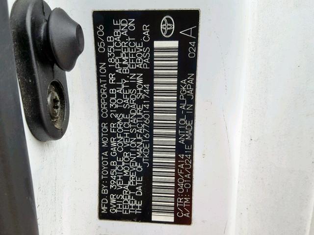 JTKDE167760141744 - 2006 TOYOTA SCION TC WHITE photo 10