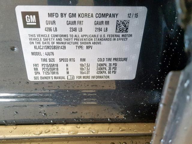 KL4CJ1SM2GB591439 - 2016 BUICK ENCORE SPO CHARCOAL photo 10