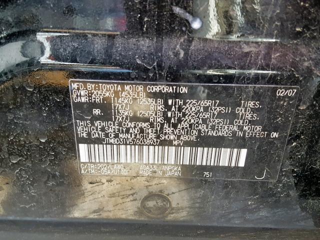 JTMBD31V576038937 - 2007 TOYOTA RAV4 LIMIT BLACK photo 10