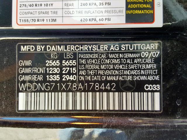 WDDNG71X78A178442 - 2008 MERCEDES-BENZ S 550 BLACK photo 10