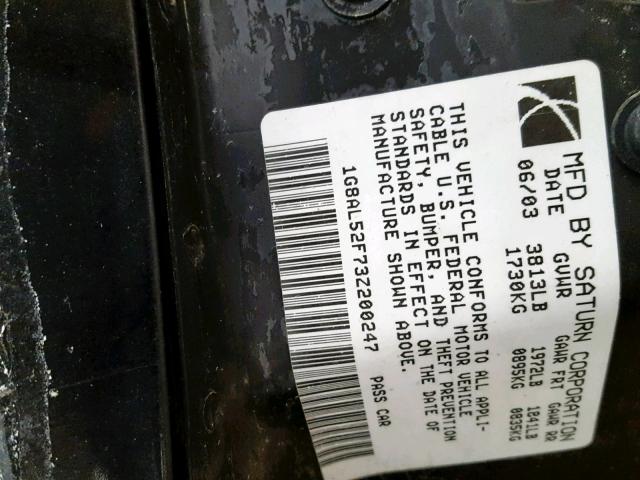 1G8AL52F73Z200247 - 2003 SATURN ION LEVEL BLACK photo 10