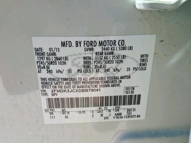 2FMDK3JCXDBB79041 - 2013 FORD EDGE SEL WHITE photo 10