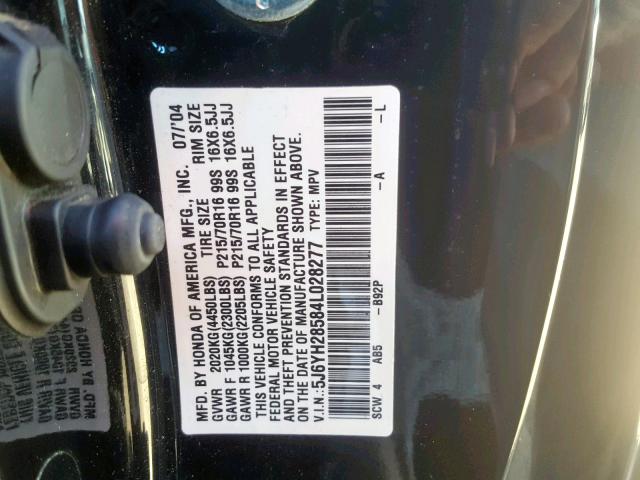 5J6YH28584L028277 - 2004 HONDA ELEMENT EX BLACK photo 10