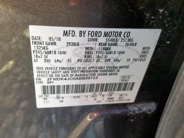 2FMDK4JC0ABB59723 - 2010 FORD EDGE SEL GRAY photo 10