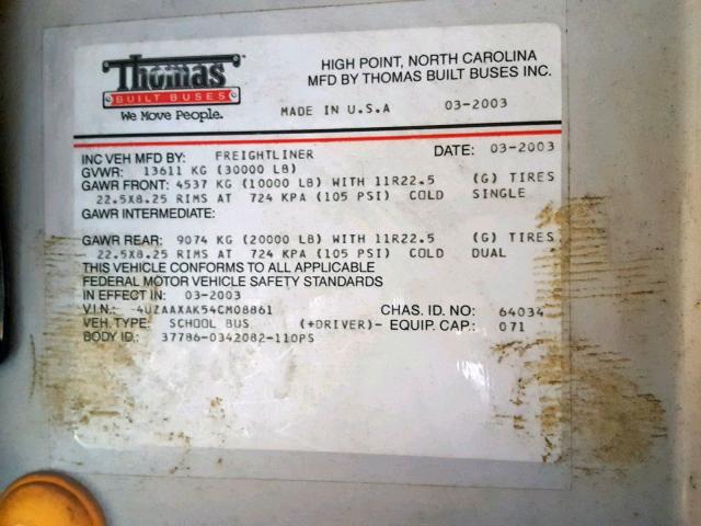 4UZAAXAK54CM08861 - 2004 FREIGHTLINER CHASSIS FS 黄色 照片 10