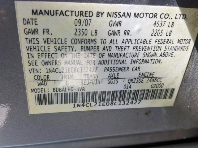 1N4CL21E08C132427 - 2008 NISSAN ALTIMA HYB GRAY photo 10