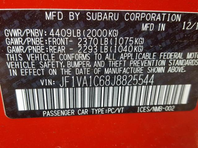 JF1VA1C68J8825544 - 2018 SUBARU WRX PREMIU RED photo 10