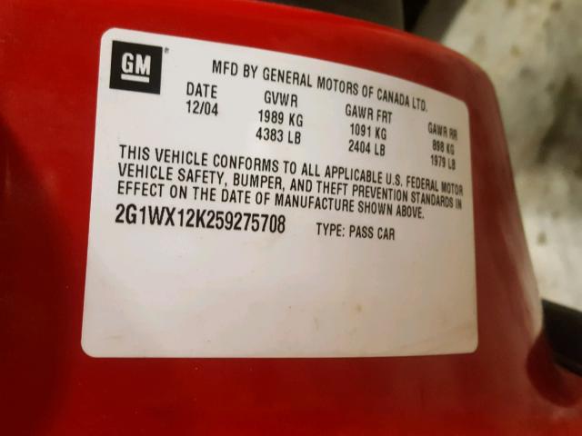 2G1WX12K259275708 - 2005 CHEVROLET MONTE CARL RED photo 10