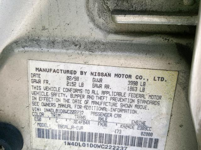 1N4DL01D0WC222237 - 1998 NISSAN ALTIMA XE GOLD photo 10