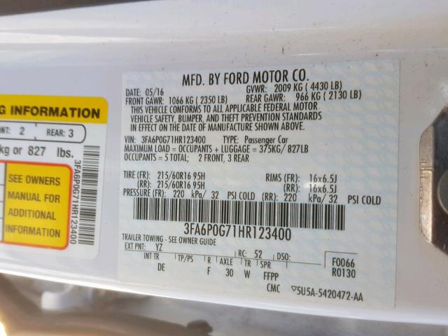 3FA6P0G71HR123400 - 2017 FORD FUSION S WHITE photo 10