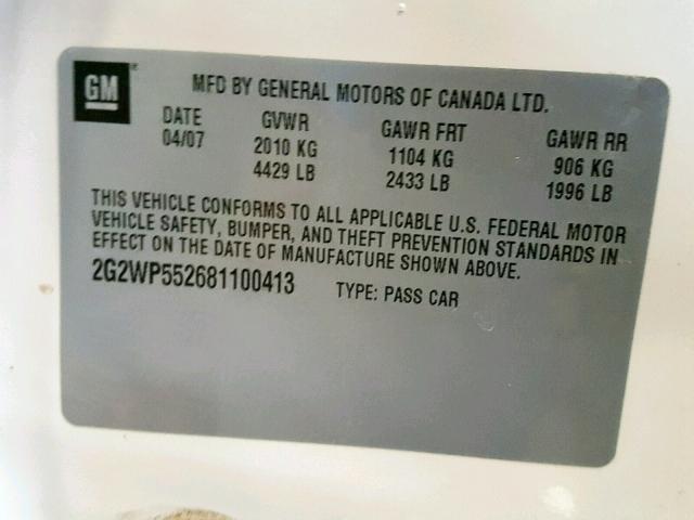 2G2WP552681100413 - 2008 PONTIAC GRAND PRIX WHITE photo 10