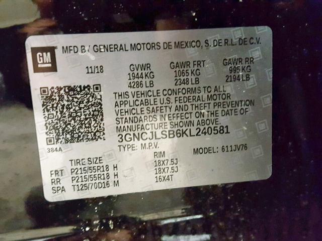 3GNCJLSB6KL240581 - 2019 CHEVROLET TRAX 1LT BLACK photo 10