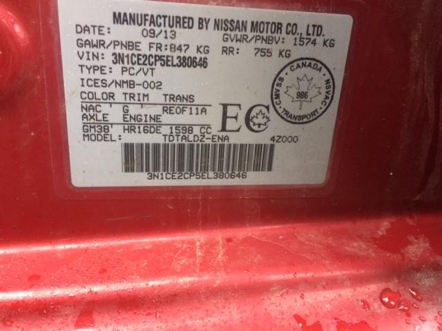 3N1CE2CP5EL380646 - 2014 NISSAN VERSA NOTE RED photo 9