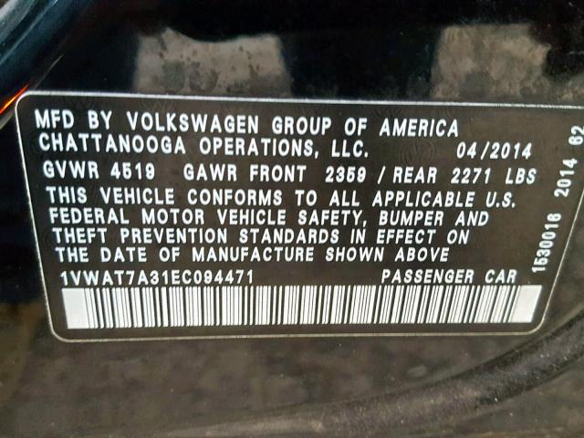 1VWAT7A31EC094471 - 2014 VOLKSWAGEN PASSAT S BLACK photo 10