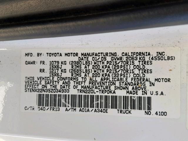 5TENX22N35Z034933 - 2005 TOYOTA TACOMA WHITE photo 10