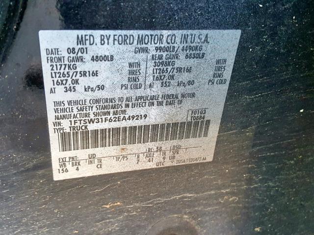 1FTSW31F62EA49219 - 2002 FORD F350 SRW S BLACK photo 10